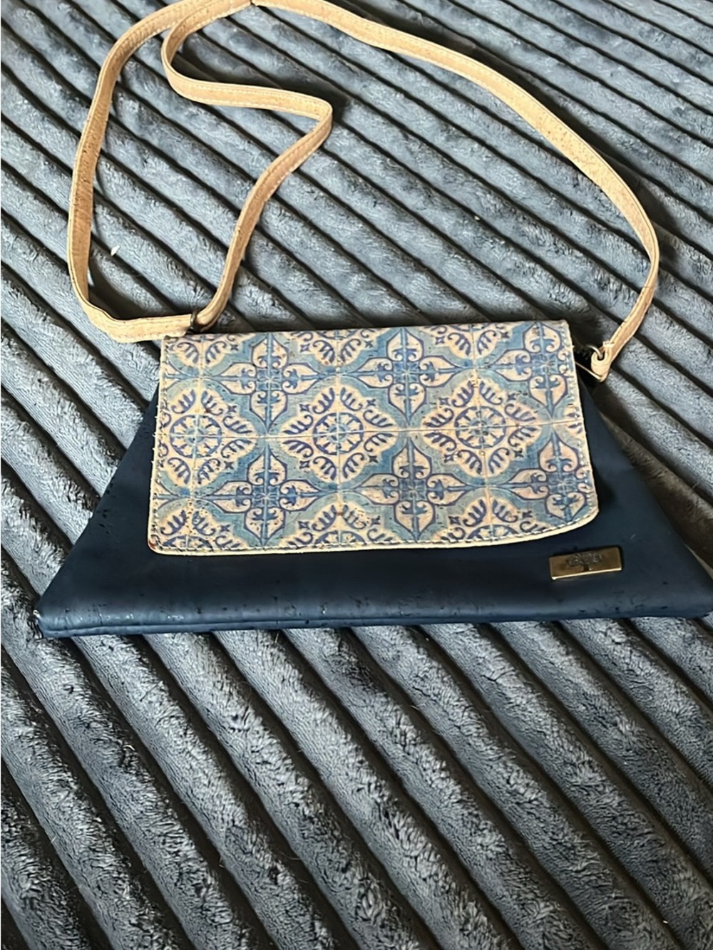 Blue & Beige Patterned Crossbody Bag with Adjustable Strap
